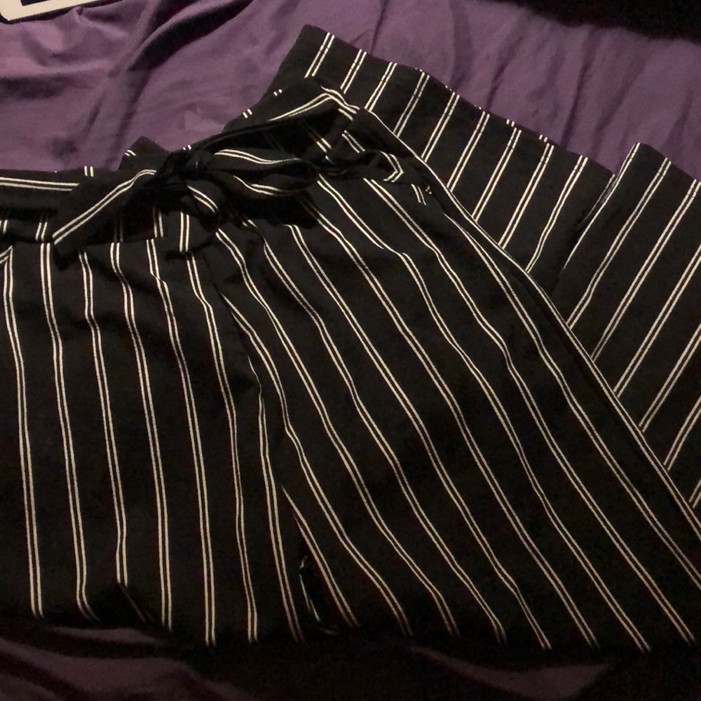 Vertical Striped Self Tie Wide Leg Pants
